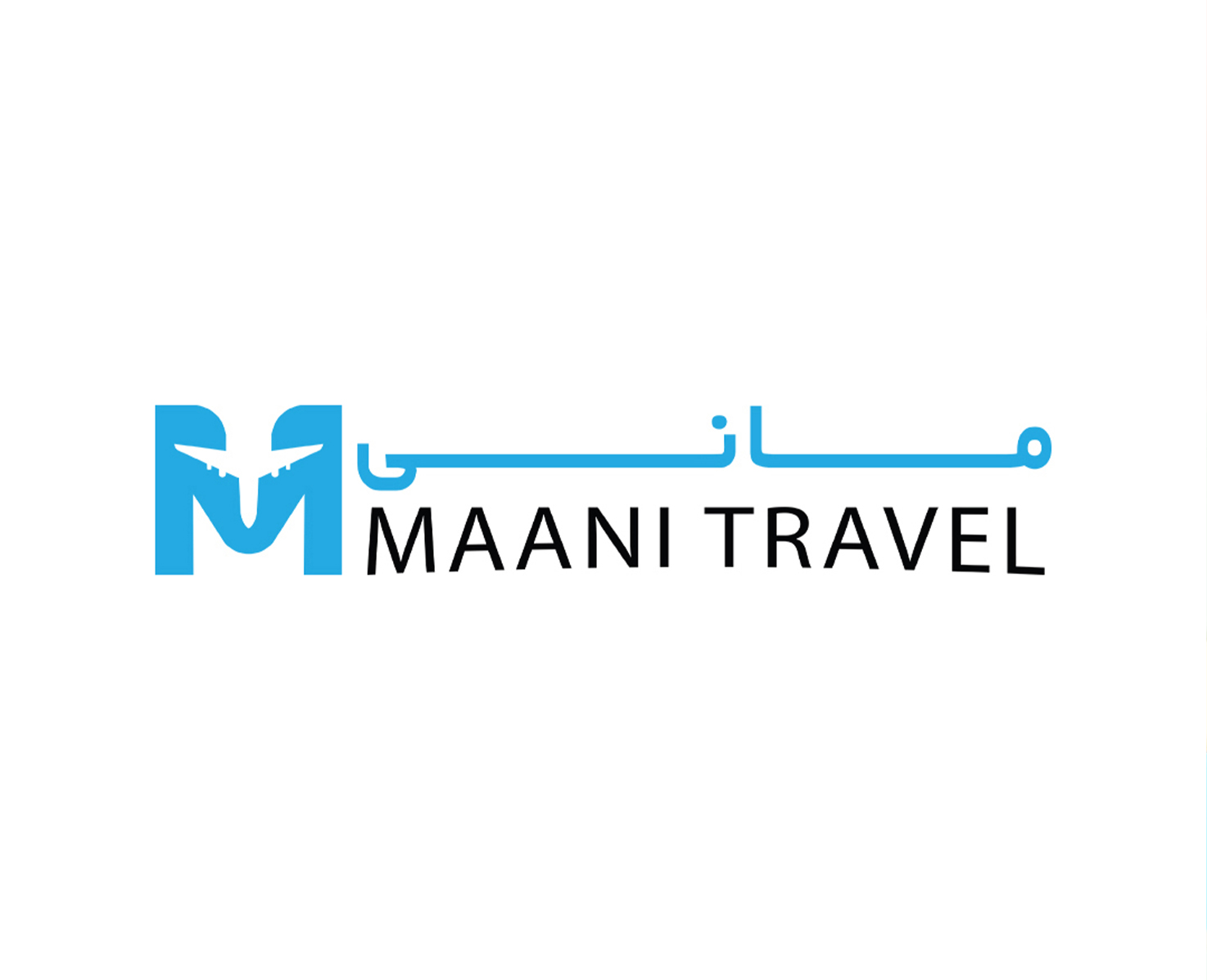 Maani Travel logo with a sky-blue M and aircraft symbol, Arabic-script lettering and black English wordmark on white.