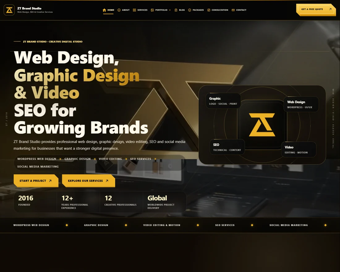 ZT Brand Studio homepage in black and gold